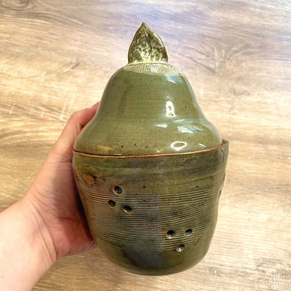 Handmade ceramic dish / candle holder / decor piece - green brown glaze - lid